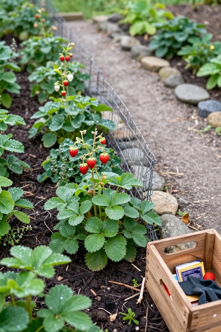 Strawberry plants climbing a wire mesh fence in a mulched garden bed edged with rocks along a gravel path, with a wooden crate containing gloves, packets, and a berry nearby.