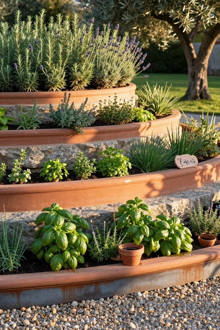 Tiered terracotta planters on stone steps filled with herbs including rosemary, lavender, basil, and thyme, surrounded by olive trees and gravel ground cover.