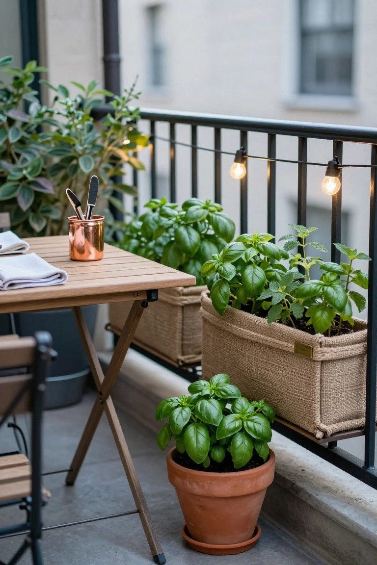 Balcony with black metal railing holding woven rectangular planters filled with basil and mint, a wooden folding table with white napkins and copper mug containing utensils, potted basil in terracotta pot, string lights, and two chairs.