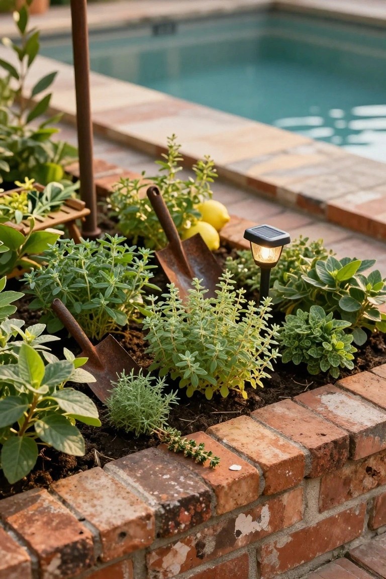 Raised brick garden bed filled with green herbs, lemons, and two rusty shovels, positioned next to a turquoise swimming pool with a solar-powered light stake.