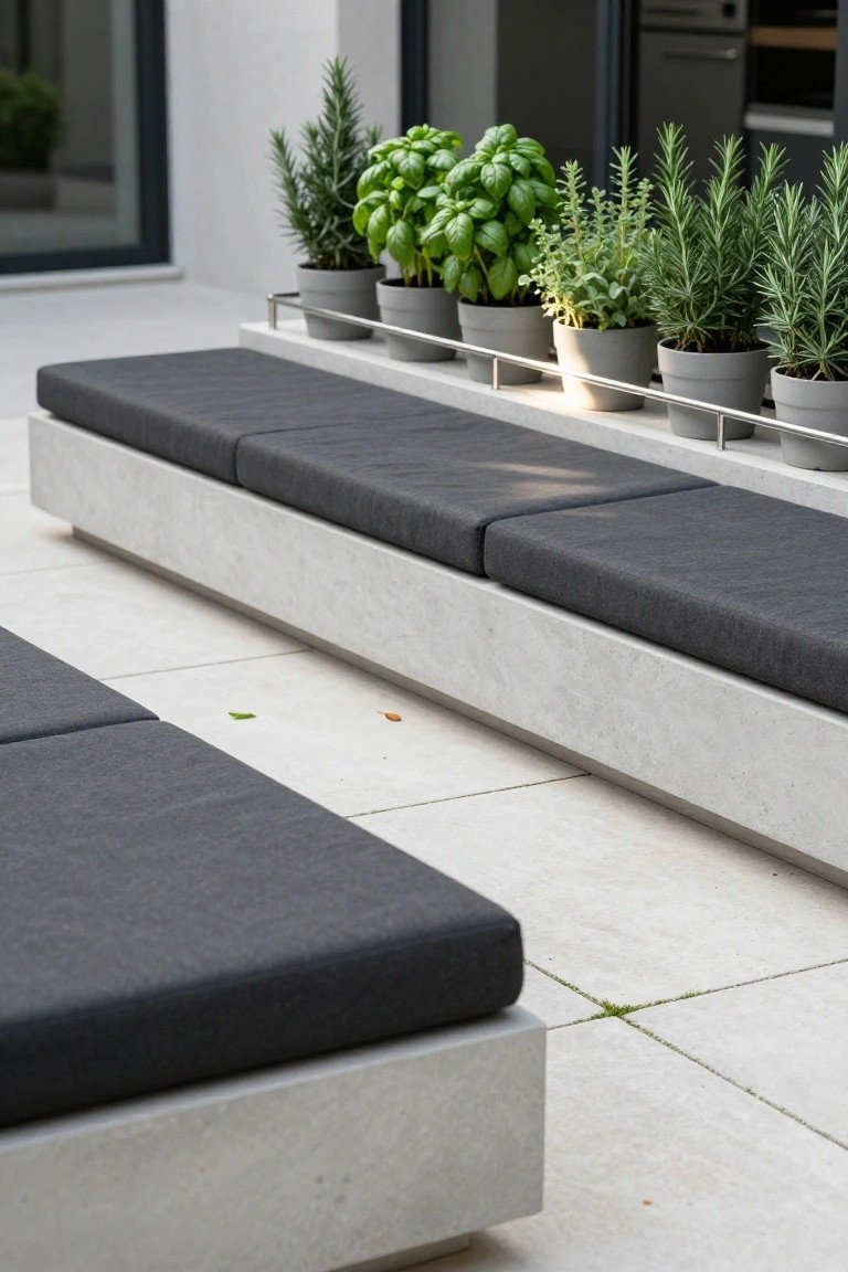 Concrete outdoor benches with dark gray cushions and a metal shelf above holding potted herbs including basil and rosemary, on a light tiled patio adjacent to a glass kitchen door.