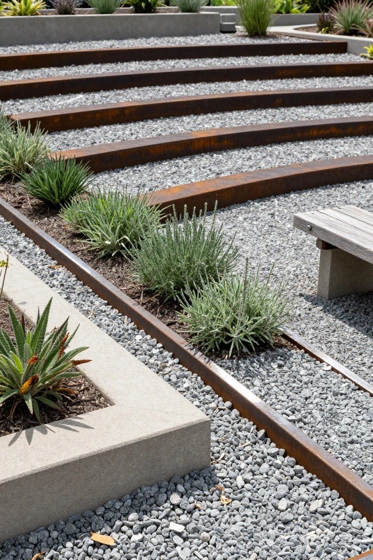 Terraced gravel landscape with rusted corten steel borders defining steps and planting beds containing agave, grasses, and lavender-like shrubs, plus a wooden bench on concrete.