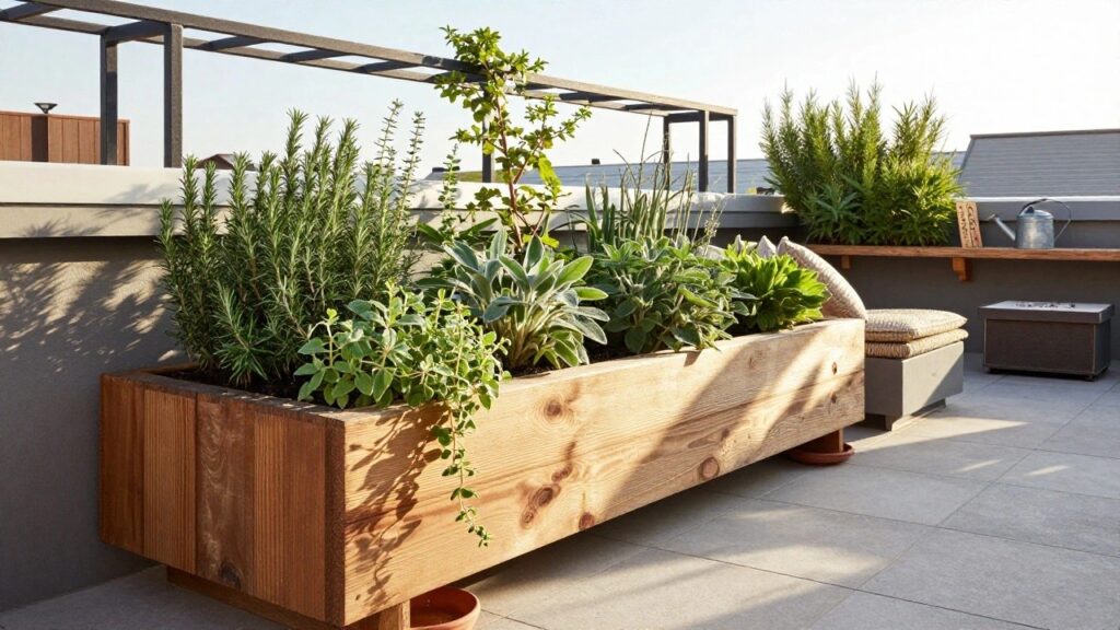 22 Aromatic Herb Garden Ideas for a Relaxing Outdoor Retreat Rooftop terrace with a long wooden planter box filled with herbs like rosemary that forms a built-in bench seat with cushions, under a metal pergola with ivy vines, surrounded by potted plants and a watering can on a side table.