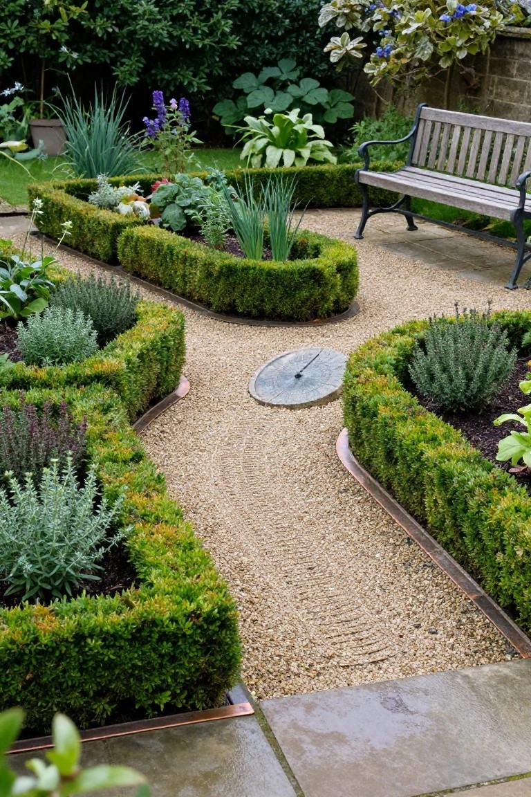 Formal garden layout with clipped boxwood hedges forming geometric beds filled with herbs, a curving gravel path with a stone sundial, copper edging, and a wooden bench against a stone wall.