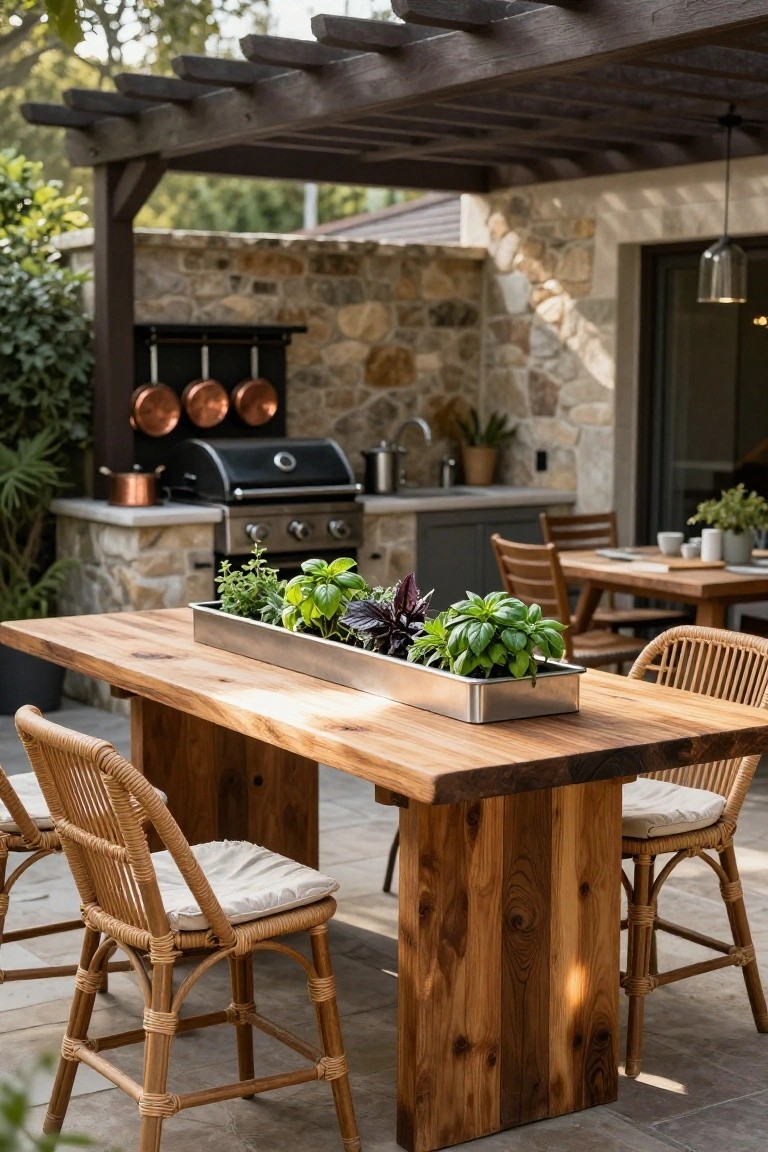 Wooden rectangular dining table outdoors with a central stainless steel planter containing basil and other herbs, rattan chairs around it, under a wooden pergola near a stone outdoor kitchen with grill.