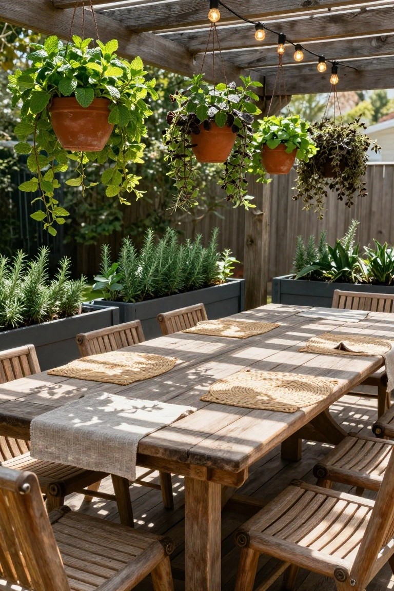 Wooden pergola with string lights over a rustic dining table and chairs, surrounded by hanging terracotta pots of mint and other trailing plants, plus black rectangular planters of rosemary and agave along the edges.