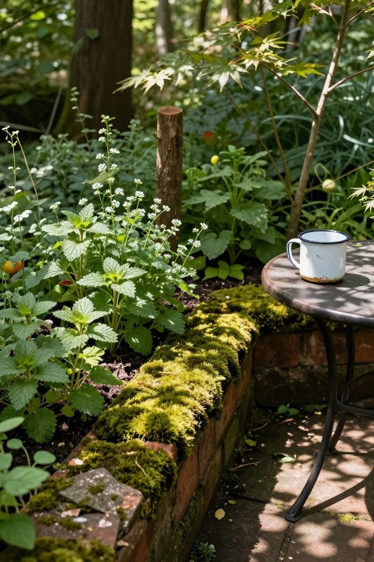 Garden border of green leafy herbs including nettles and white-flowered deadnettle planted along a moss-covered low brick wall, with a small round metal table and white enamel mug beside it in a wooded outdoor setting.