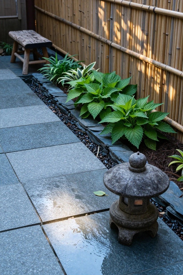 Japanese garden path with stone lantern, bamboo fence, and plants.