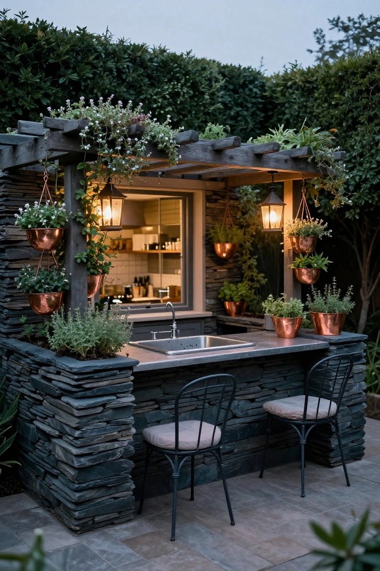 Stone outdoor bar counter with sink, two black metal stools, multiple copper hanging planters with herbs, wooden pergola structure, lanterns, and window revealing indoor kitchen shelves, set against hedges and plants.