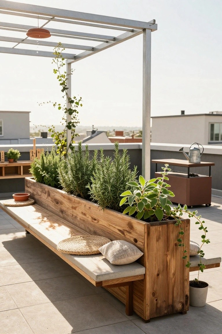 Rooftop terrace with a long wooden planter box filled with herbs like rosemary that forms a built-in bench seat with cushions, under a metal pergola with ivy vines, surrounded by potted plants and a watering can on a side table.