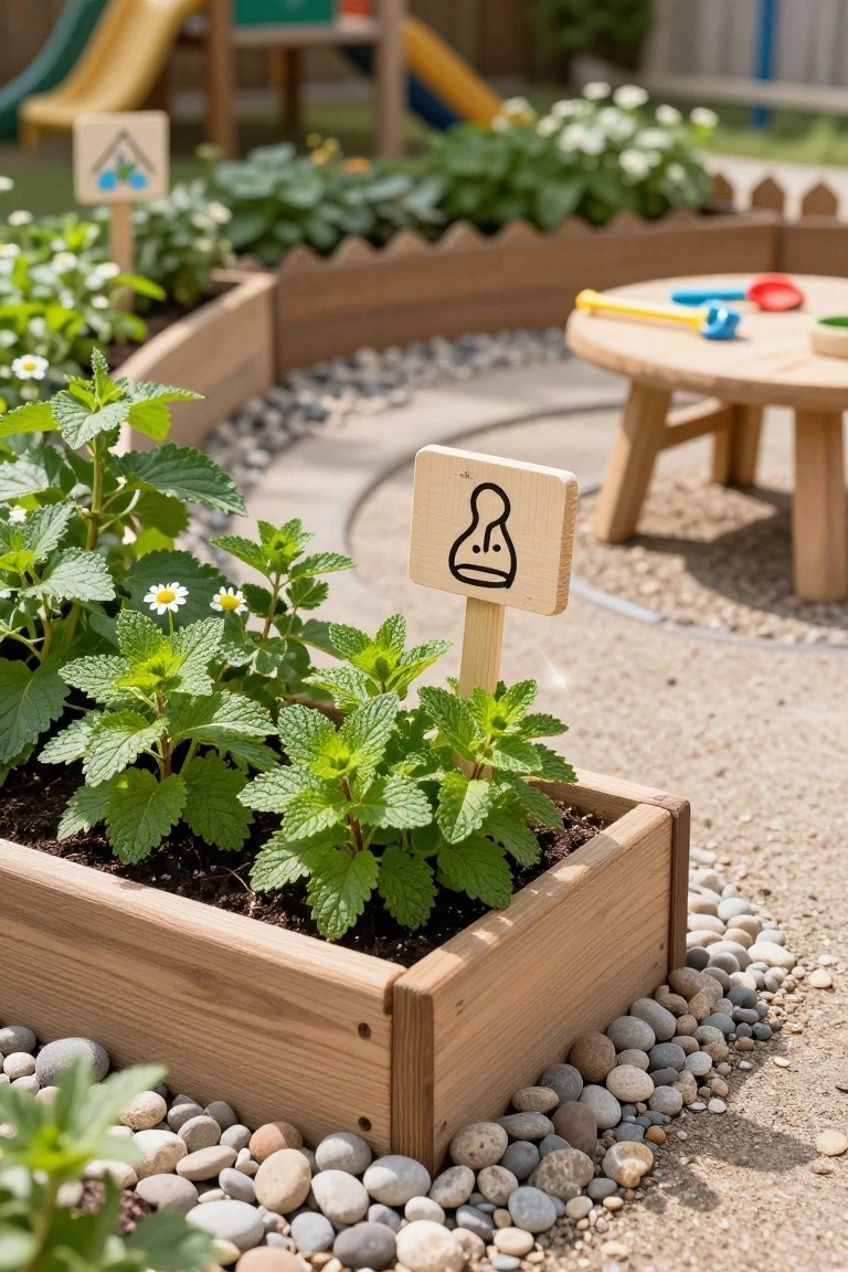 Wooden raised planter bed overflowing with mint plants and chamomile flowers, with a labeled wooden stake, surrounded by gravel path and pebbles in a backyard children's play area featuring a small table and slide structure.