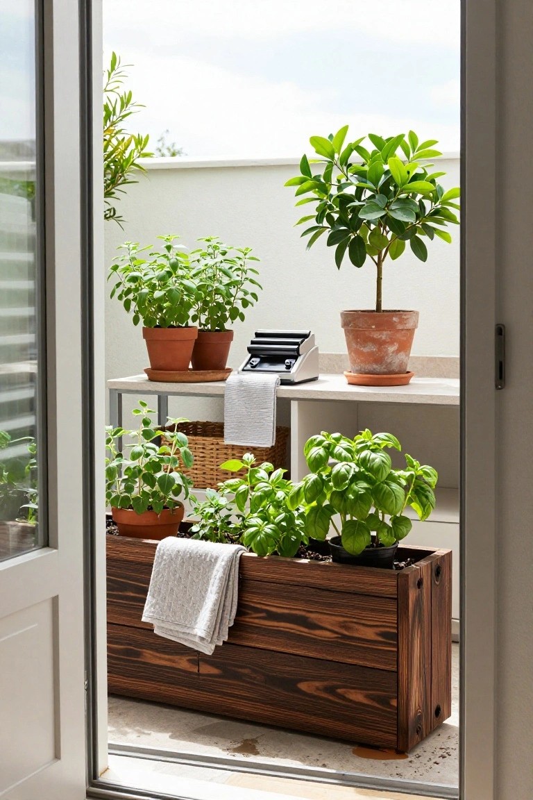 Balcony with open glass door showing a large wooden raised planter box filled with herbs draped with a gray towel, potted herbs and plants on metal shelves, a ficus tree in terracotta pot, and a small printer on the shelf.