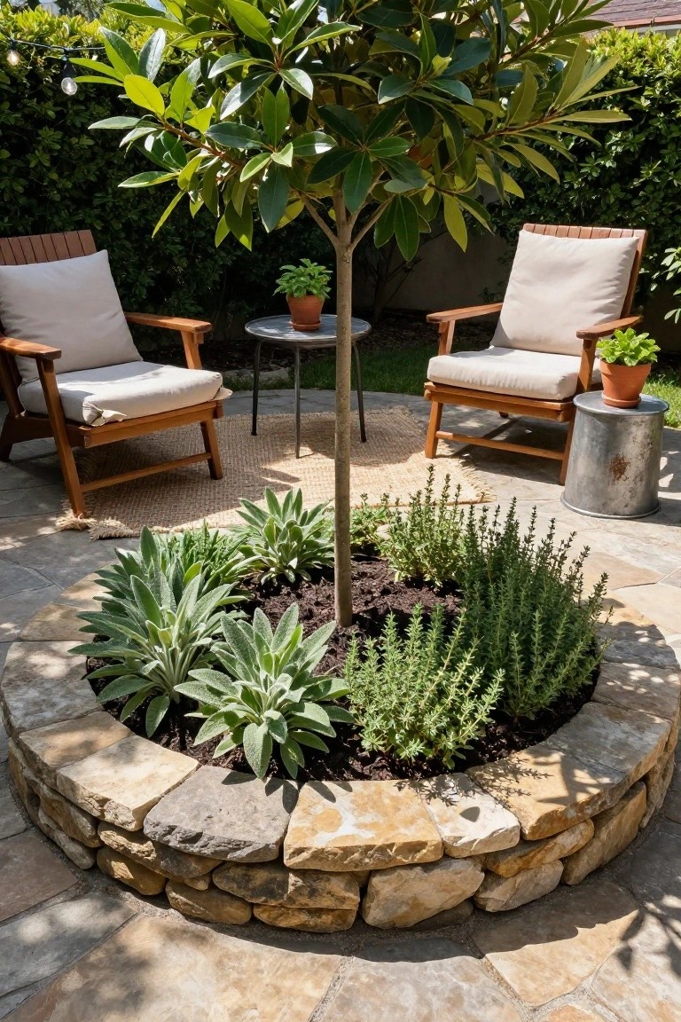 A circular stone-walled raised garden bed encircling a small tree trunk planted with silver-leafed and green herbaceous plants, next to two beige-cushioned wooden armchairs, a small round metal table, and potted plants on a paved outdoor patio surrounded by greenery.