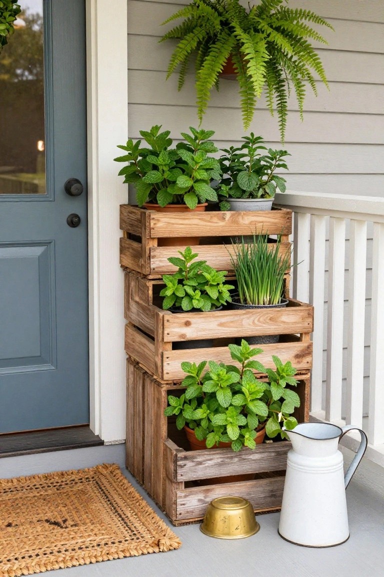 Stacked wooden crates with potted mint plants beside a blue door.