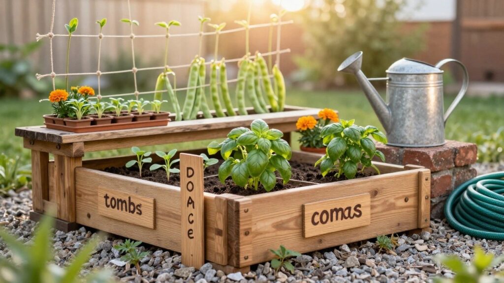 21 Brilliant Gardening Hacks That Make Growing Plants Easier Wooden raised garden bed with trellis frame in backyard corner, supporting green bean vines, basil plants in soil, marigold pots nearby, and metal watering can on brick base surrounded by gravel.