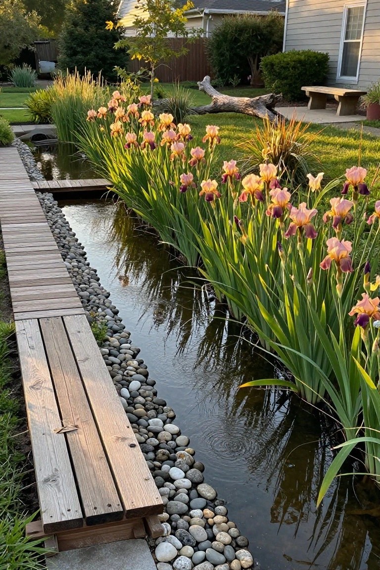 Narrow water channel lined with pebbles runs alongside a wooden boardwalk, edged by tall green iris plants with orange and purple flowers, in a backyard garden with a bench and house nearby.
