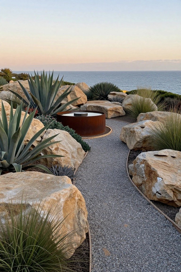 Winding gravel path edged by large beige boulders and agave plants winds through a coastal rock garden past a circular corten steel basin towards the ocean.