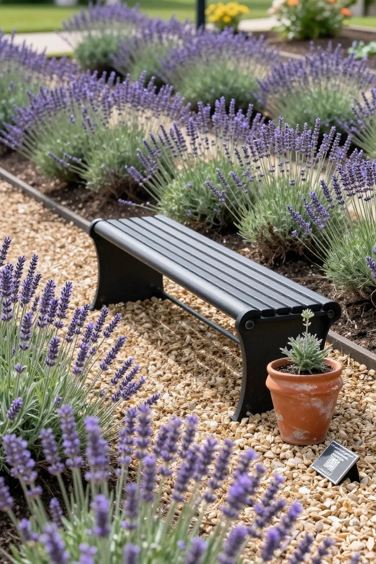 Rows of purple lavender plants in raised beds edged with black metal flank a gravel path with a black slatted metal bench, a terracotta pot holding a small plant, and a metal plaque on the ground.