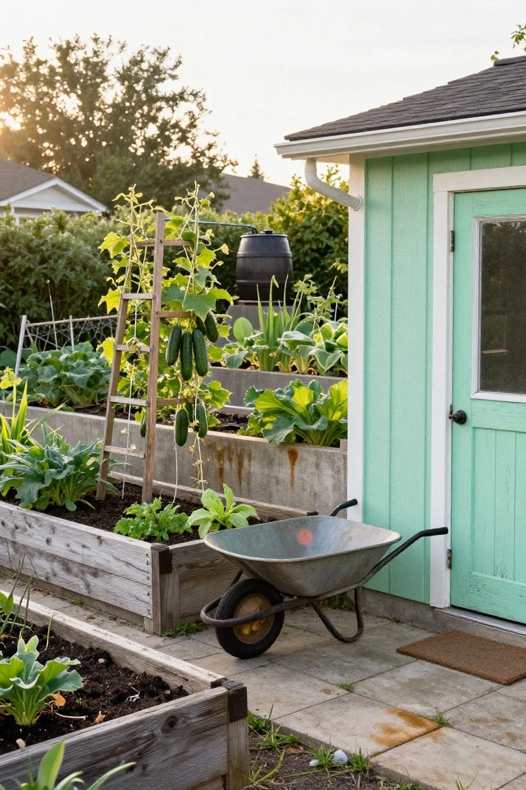 Wooden ladder used as a trellis with cucumber vines hanging from it in a backyard garden featuring raised beds, a green shed, wheelbarrow, and watering barrel.