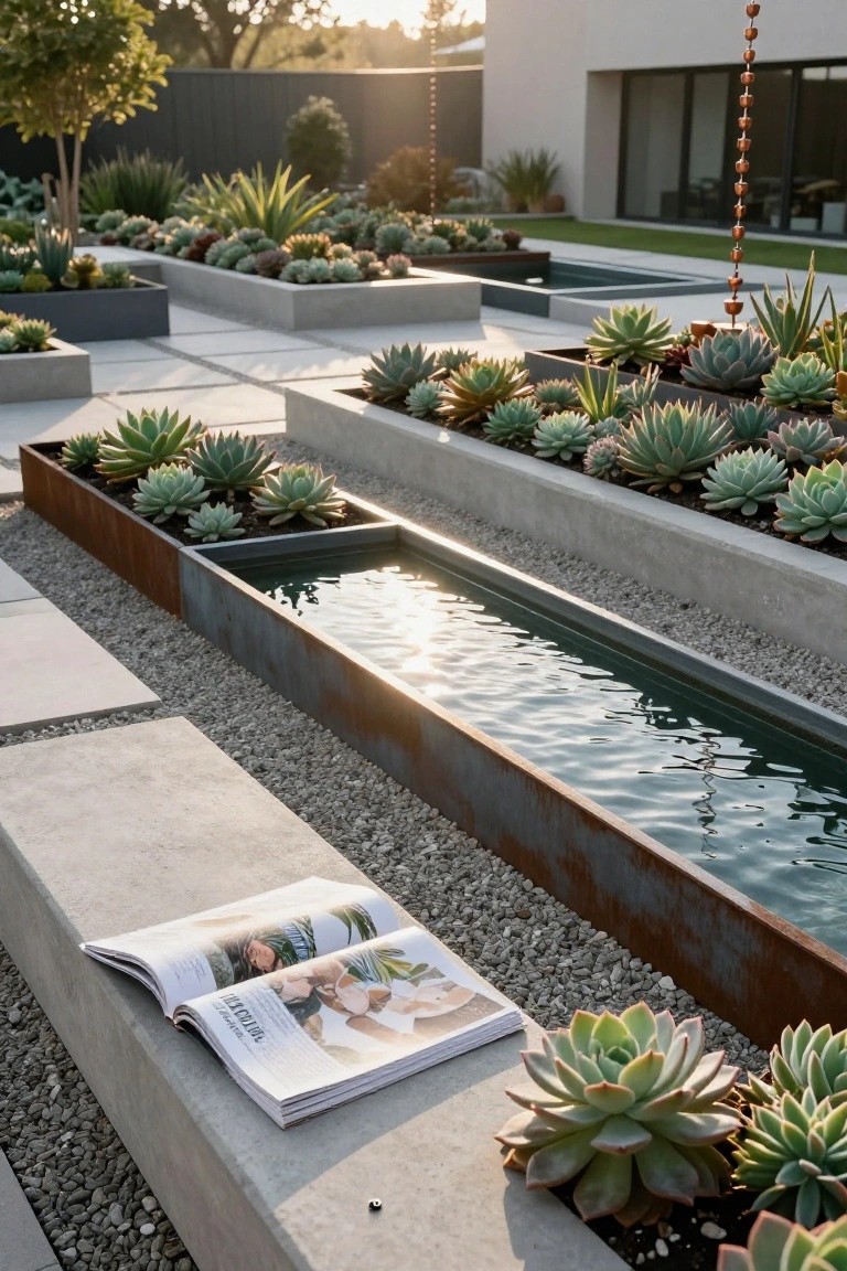 Long raised corten steel planters filled with succulents sit beside a narrow water channel, with a concrete bench and open magazine in the foreground of a modern garden.