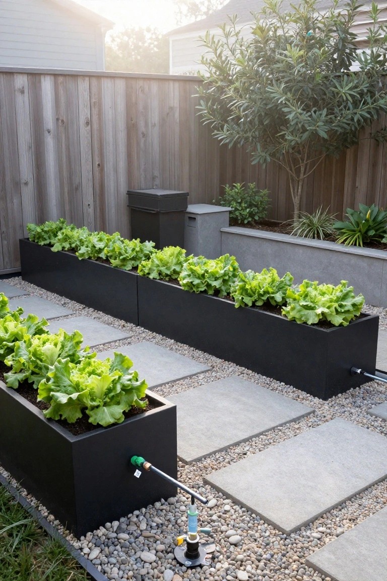 Backyard with two long black raised planters filled with green lettuce along a wooden fence, gravel and concrete paver paths, irrigation hoses, and nearby shrubs.