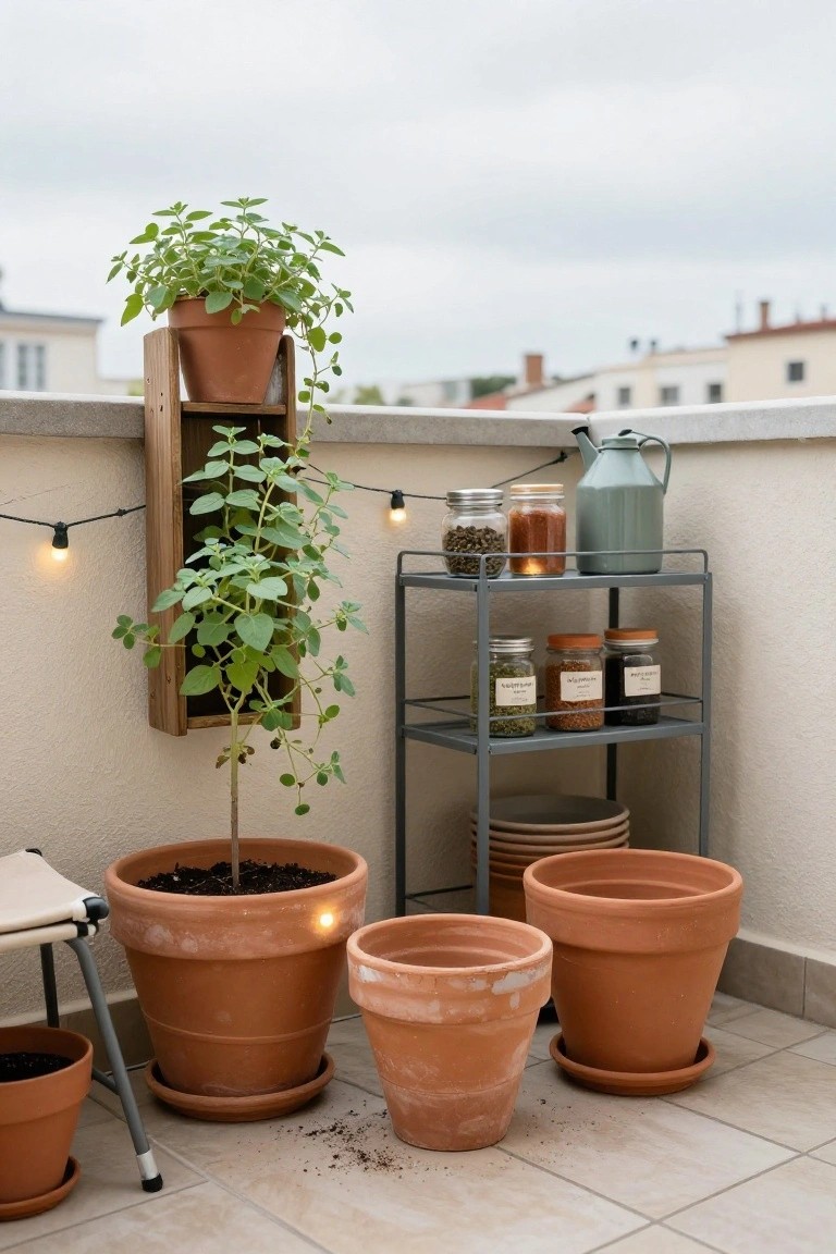 Balcony corner with wooden wall-mounted planter holding a trailing green plant, metal shelving unit stocked with glass jars of spices and dried herbs, several terracotta pots of various sizes on the floor, string lights, a green metal watering can, and a stool nearby against a white wall.