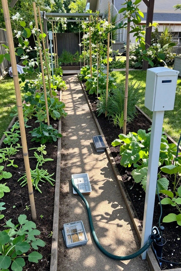 A garden path with raised beds where vegetables climb tall bamboo stakes connected by strings, next to a green hose and white irrigation controller.