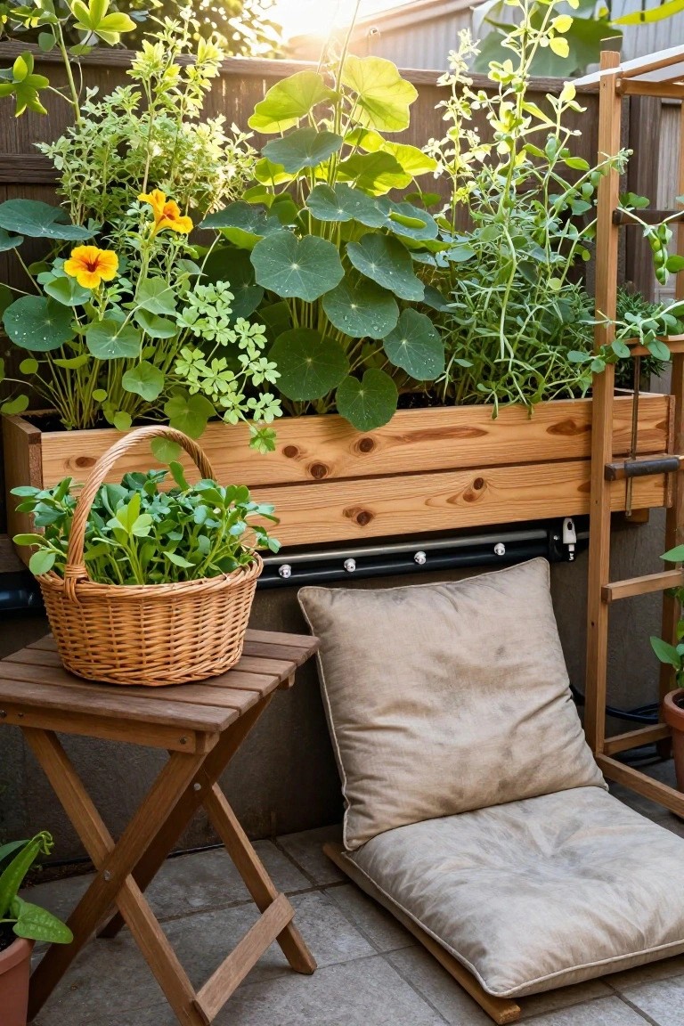 Wooden trough planter box mounted along a balcony edge filled with large green leaves, orange flowers, and herbs, with a wicker basket of green sprouts on a small wooden table and a beige floor cushion nearby.