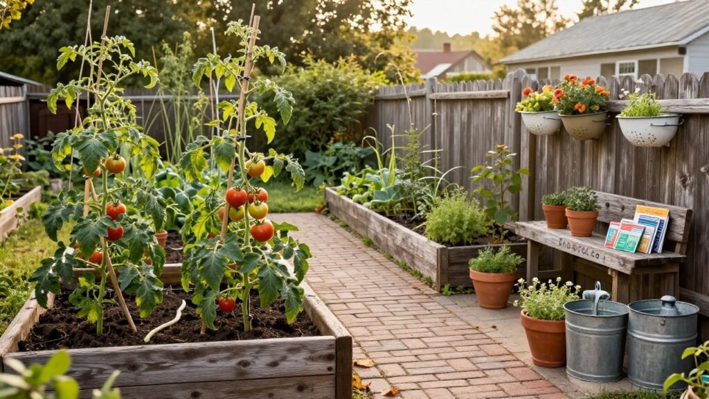 18 Cozy Rustic Vegetable Garden Ideas for a Charming Backyard Vibe Raised wooden garden bed with tomato plants on a trellis, wooden bench holding potted plants and books, metal watering tub nearby, brick path, and fence with hanging planters in a backyard.