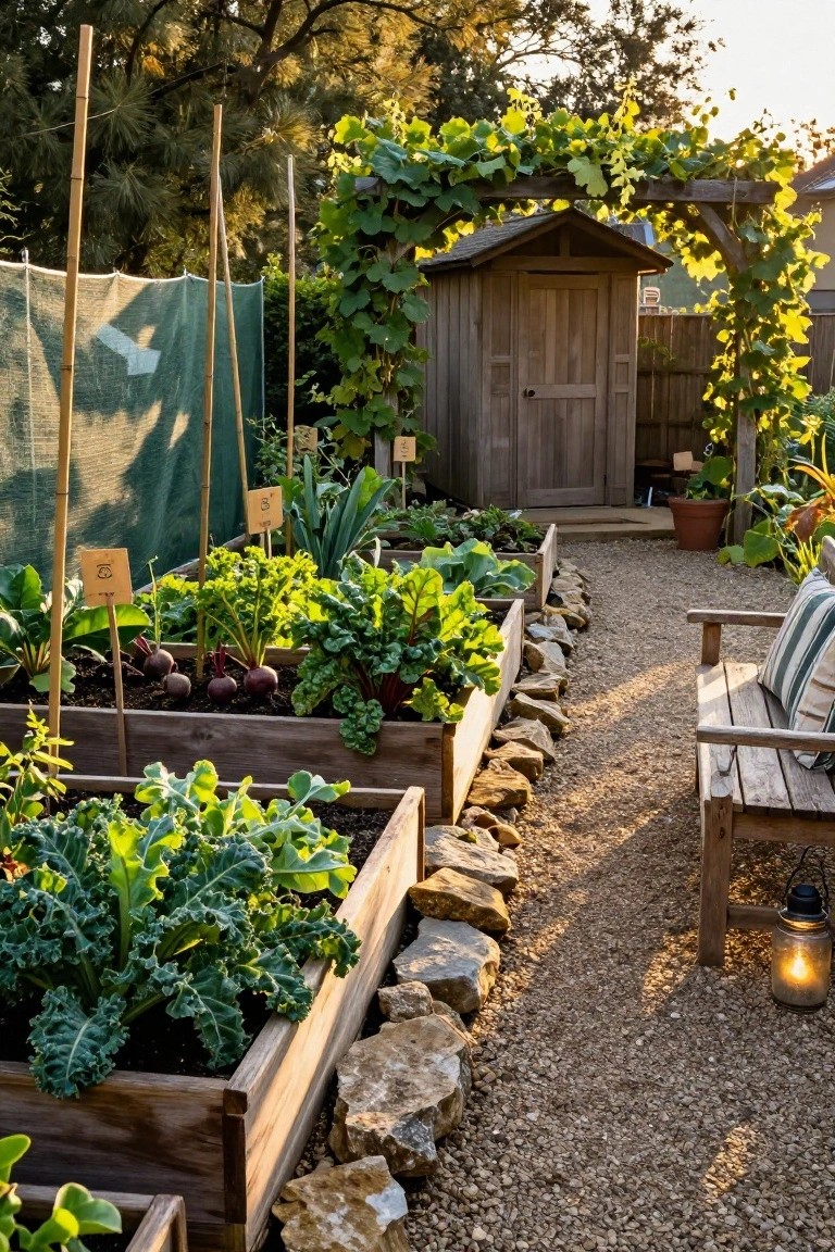 Backyard vegetable garden with wooden raised beds containing kale, beets, and other greens, a gravel path edged by stones leading to a wooden bench and vine-covered shed.