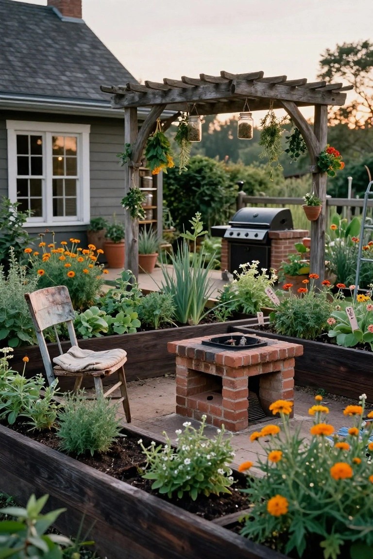Backyard with wooden raised garden beds filled with vegetables, herbs, and orange marigolds surrounding a central brick fire pit, an old wooden chair, grill, pergola, and gray house in the background.