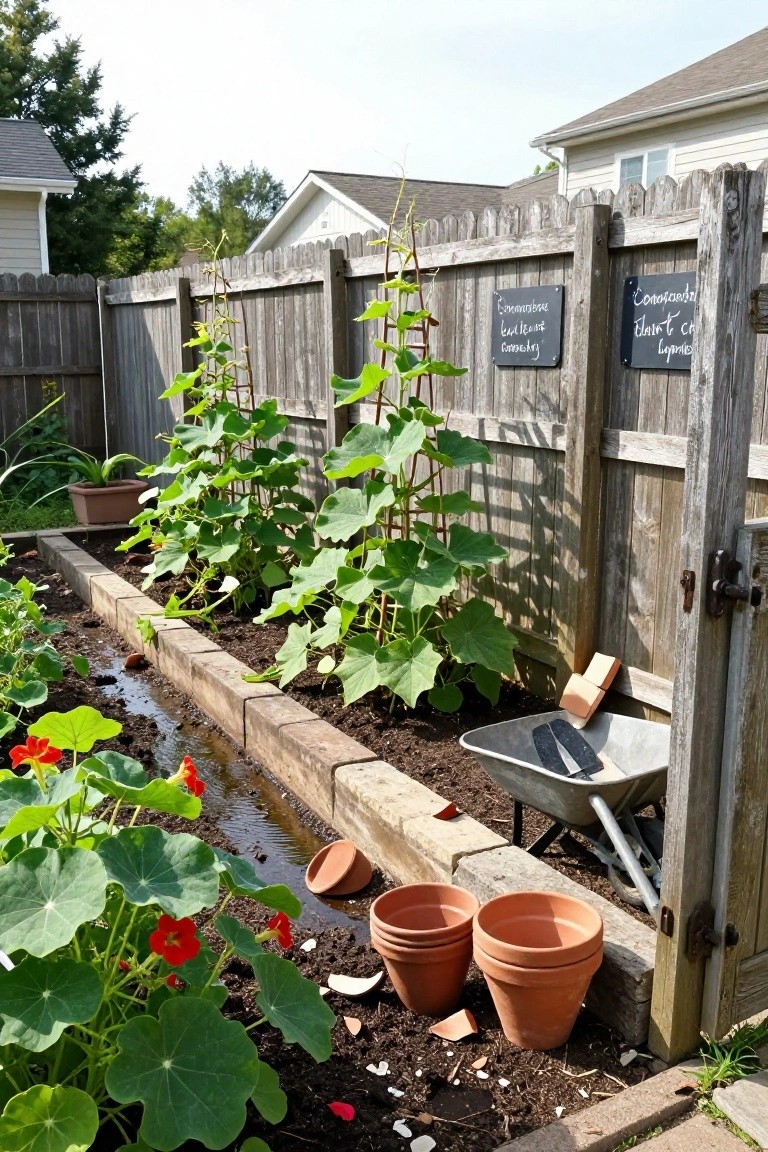 Backyard raised wooden garden beds with climbing green plants on trellises against a wooden fence, nasturtium flowers in front, scattered terracotta pots, a wheelbarrow, and garden tools nearby.