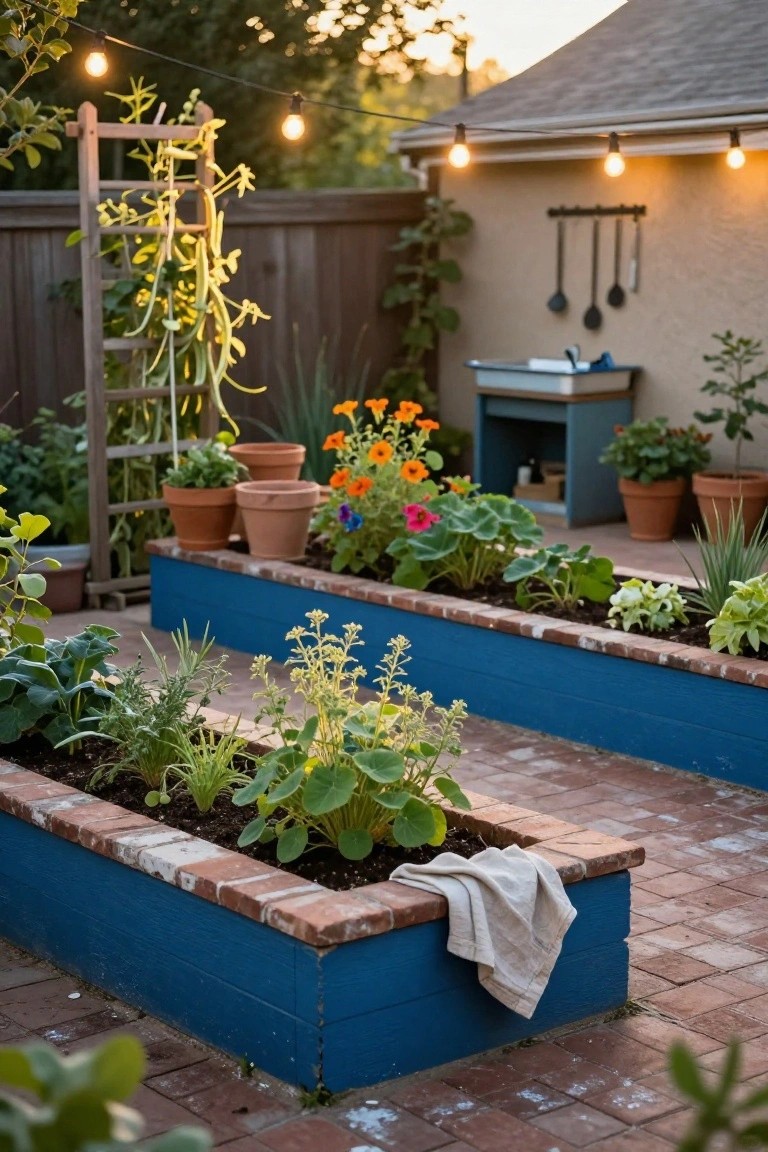 Backyard vegetable garden with two blue-painted wooden raised beds topped with brick edging, planted with pumpkins, herbs, and greens, near a wooden trellis with climbing vines, potted flowers, string lights, and an outdoor sink area on a brick patio.