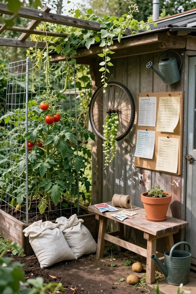 Wooden garden shed with climbing bean vines on pergola, tomato plants on wire trellis in raised bed, pinned paper lists on wall, bike wheel planter, bench with seed packets and twine, watering cans, and potatoes on ground.