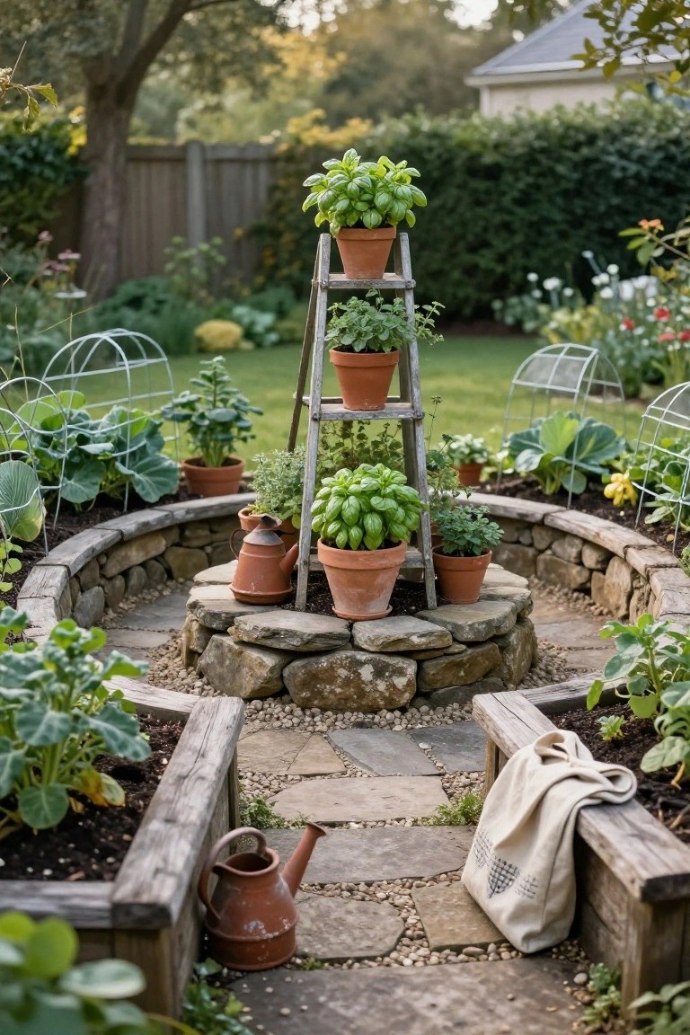 Rustic vegetable garden featuring a central wooden ladder shelf with terracotta pots of herbs, curved stone walls enclosing raised beds of greens, metal cloches, a gravel path, and watering cans nearby.