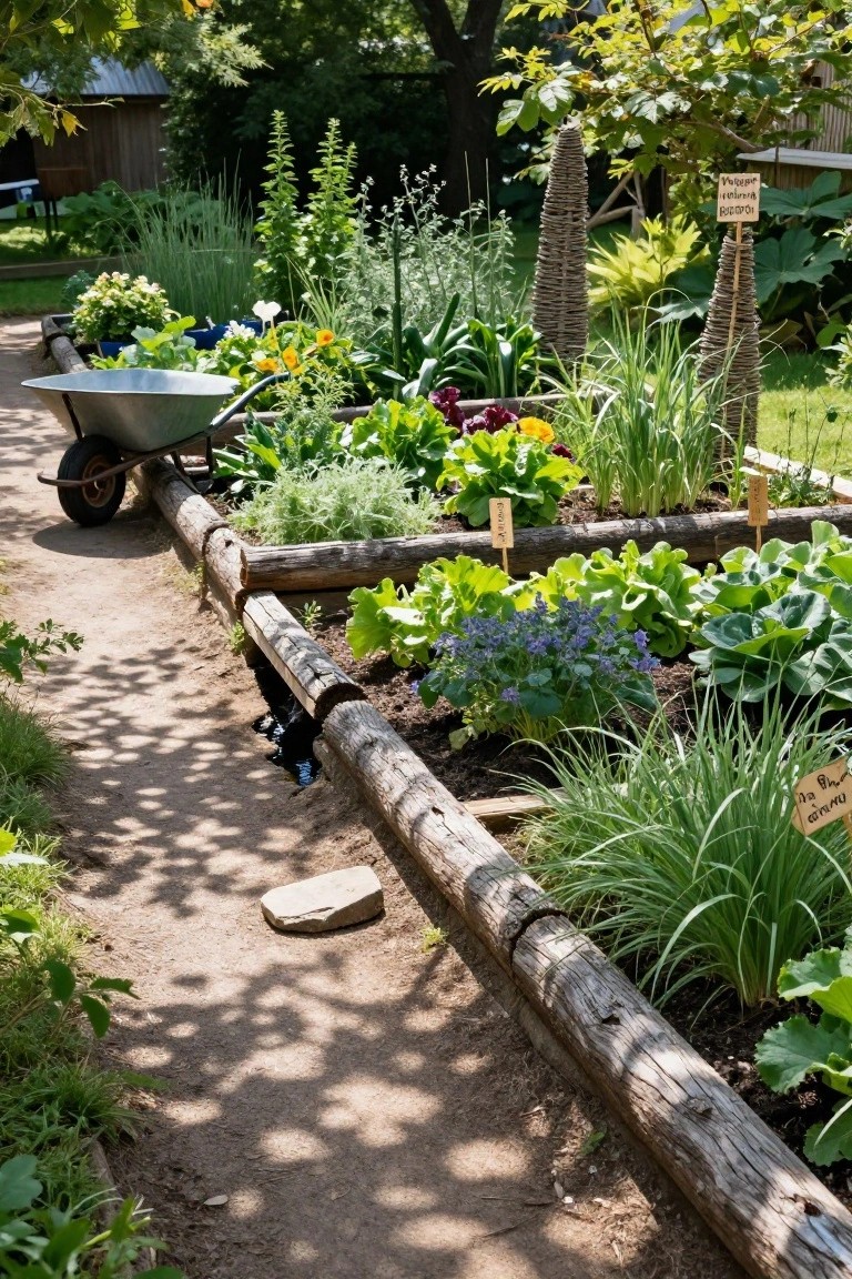 Raised vegetable garden beds bordered by split log edging along a dirt path, with various leafy greens, herbs, flowers, and a wheelbarrow parked nearby.