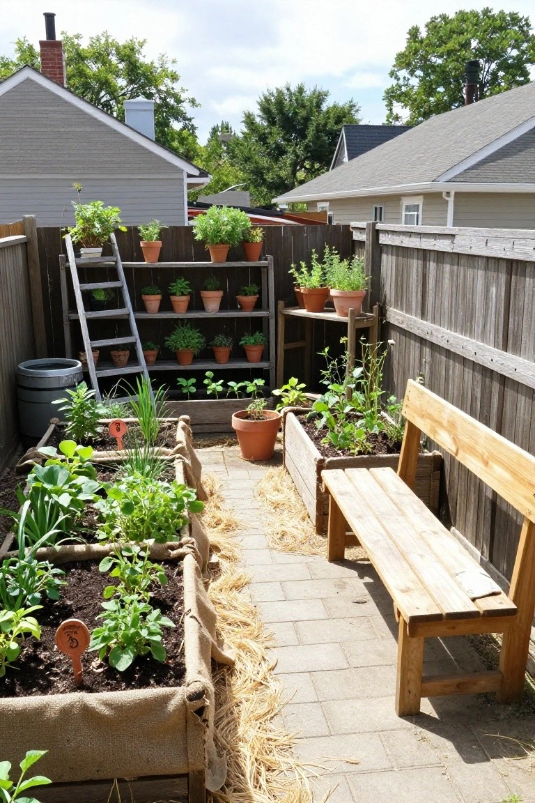 Fenced backyard vegetable garden with burlap-lined wooden raised beds planted with greens, herbs, and vegetables, ladder shelves holding potted plants, wooden benches, and a gravel path with straw mulch.