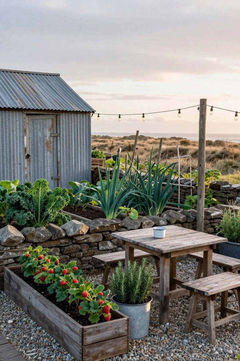 Rustic outdoor vegetable garden with raised wooden beds containing strawberries, kale, and leeks, bordered by dry stone walls, a wooden table and benches on gravel, a corrugated metal shed, string lights, and coastal dunes in the background.