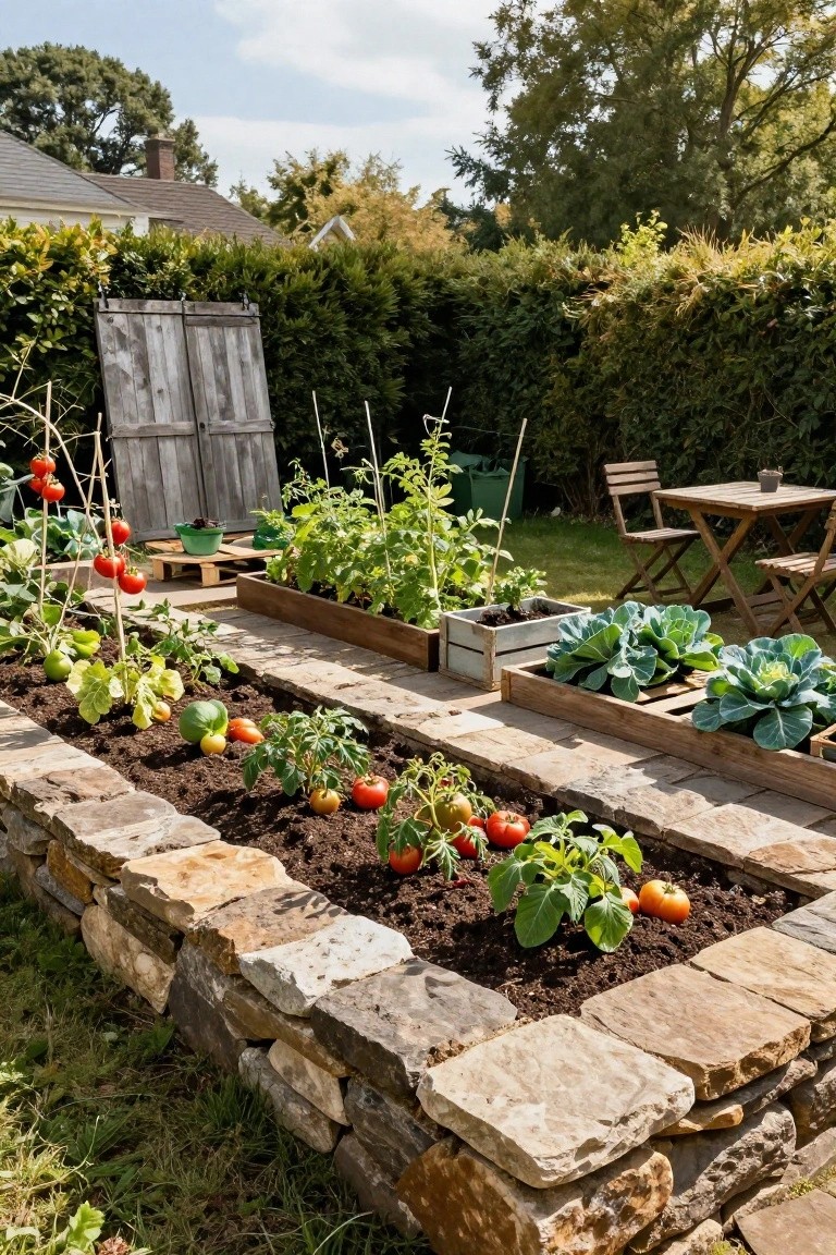 Backyard vegetable garden with raised planting beds bordered by irregularly stacked natural stone walls, growing tomatoes, cabbage, and other vegetables, near a wooden gate, hedge fence, and small outdoor table with chairs.