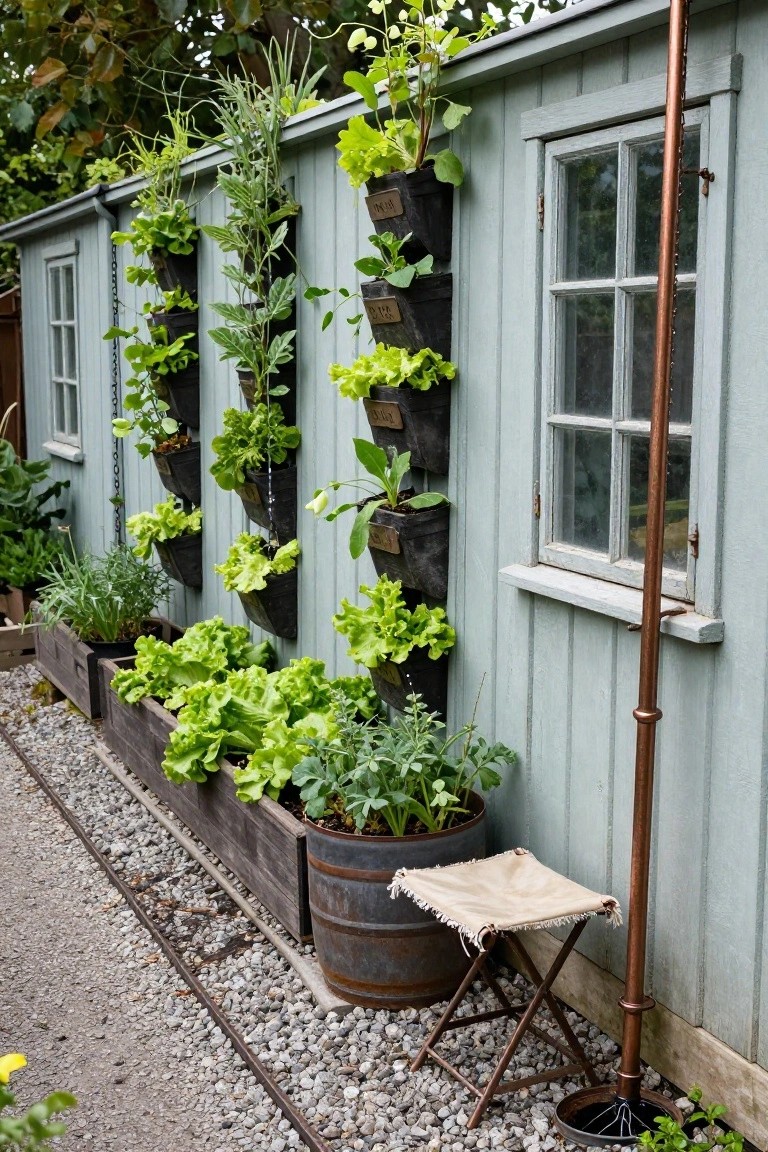 Light blue wooden garden shed with multiple vertical black fabric planters mounted on the walls growing green lettuce and herbs, wooden planter boxes and metal barrel pots on a gravel path beside it.