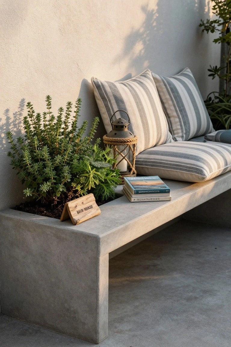 Gray concrete bench against a beige stucco wall outdoors, with built-in planter at one end holding various green herbs and labeled "허브가든", striped pillows and stacked books on the seat, woven lantern nearby, and potted plants adjacent.