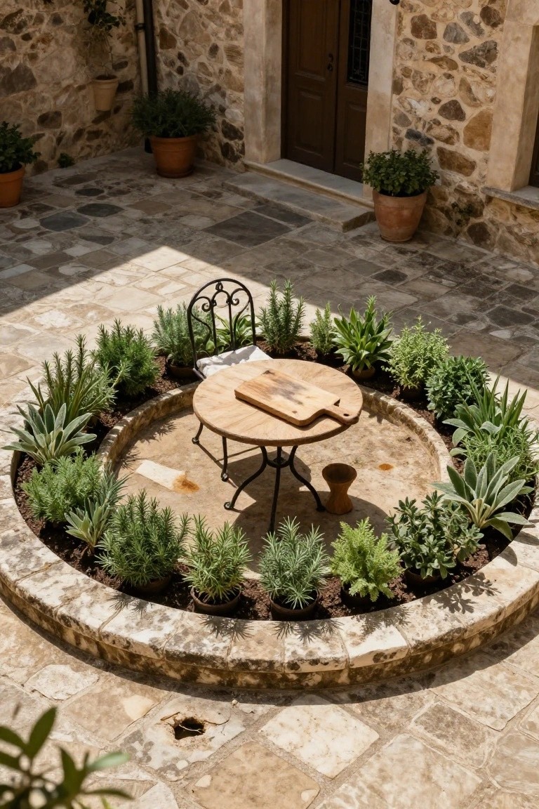 Overhead view of a stone-paved courtyard with a circular raised bed planted with herbs and succulents encircling a small round wooden table topped with a cutting board, a black metal chair beside it, and a wooden stool nearby.