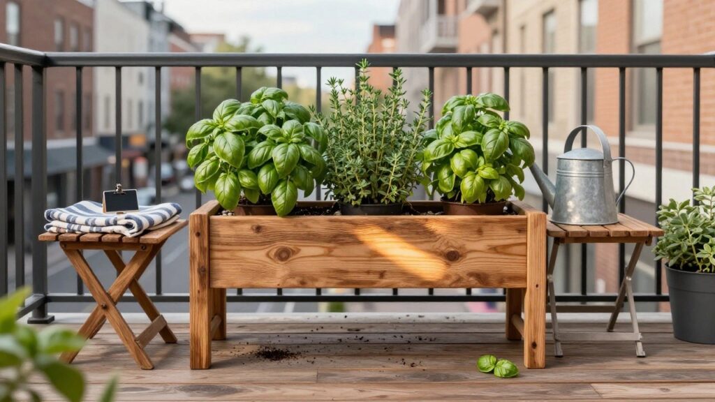 23 Creative Small Herb Garden Ideas for Tight Spaces Wooden raised planter box on legs on a city balcony railing, filled with basil and rosemary plants, metal watering can on a small wooden stool nearby.