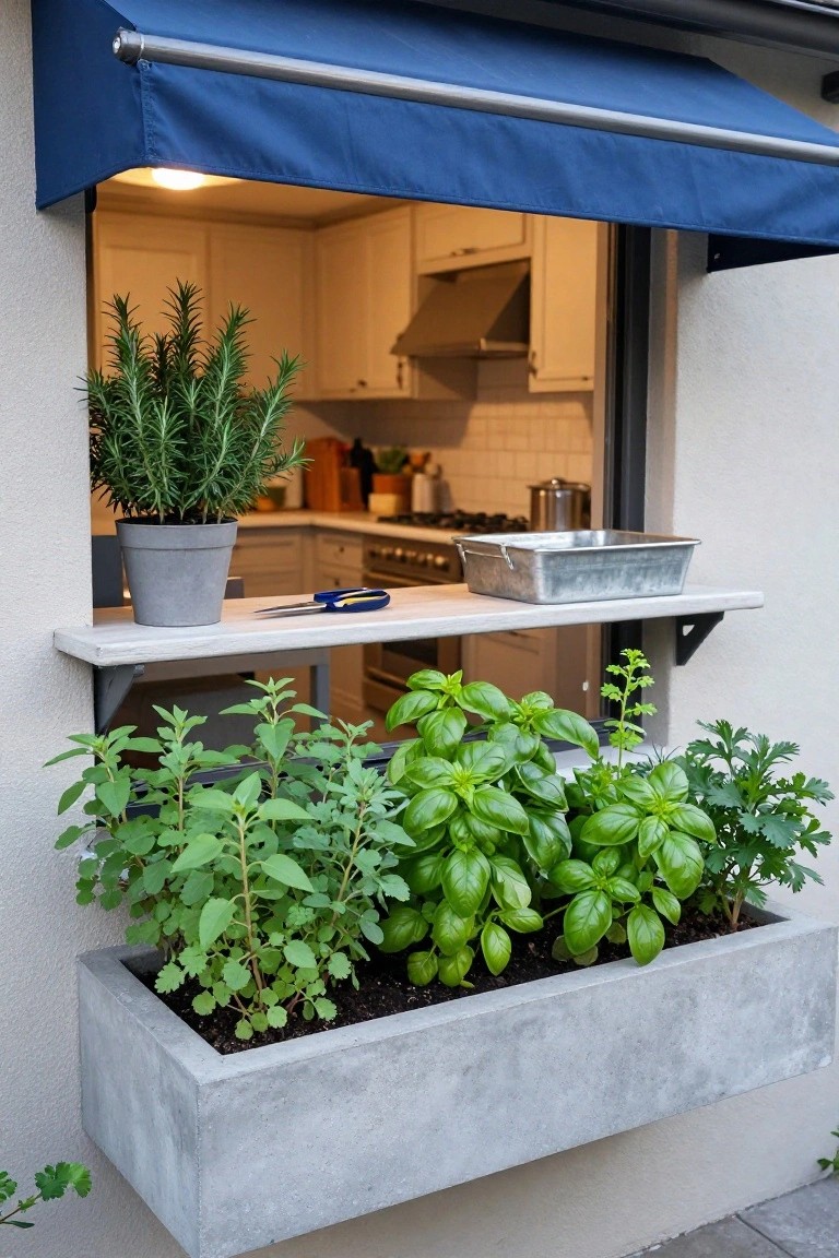 Kitchen window under blue awning with visible interior cabinets and counters, white shelf below holding metal tray, scissors, and potted rosemary plant, gray concrete trough planter underneath filled with basil, shiso, parsley, and other herbs against white stucco wall.