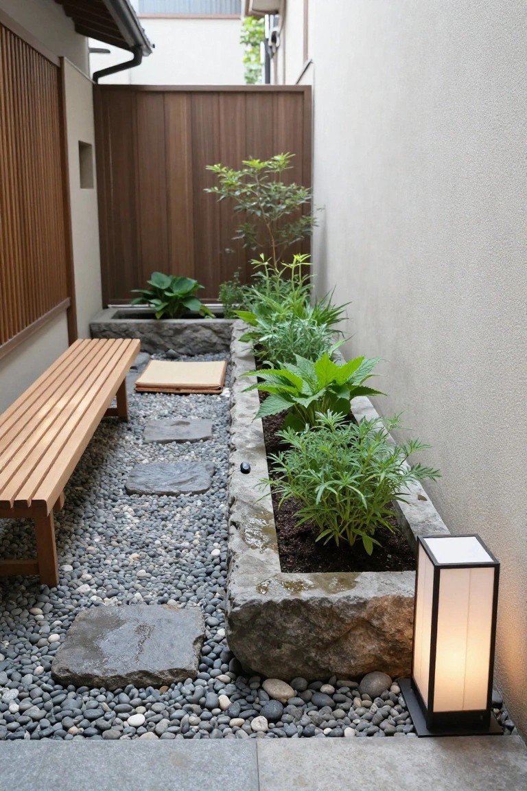Narrow outdoor pathway lined with wooden fences and stone-edged rectangular planters containing various green herb plants, a wooden bench, gravel ground cover, irregular stepping stones, and a tall white paper lantern.