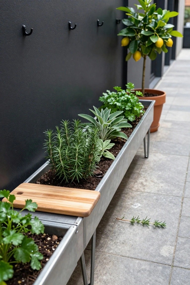Long galvanized metal trough planter on thin black legs filled with rosemary, parsley, sage, and other herbs against a dark exterior wall, with a wooden cutting board on top, nearby potted lemon tree, and tiled path.