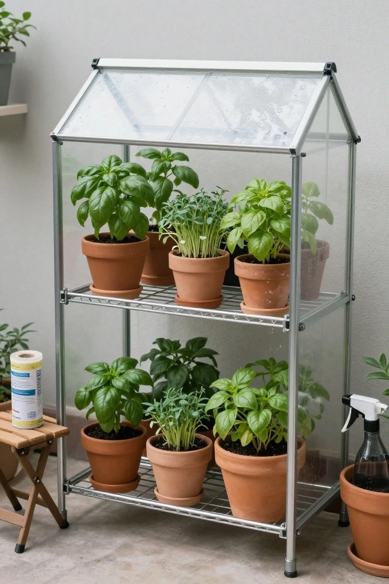 Metal shelving unit with clear plastic roof panels holding terracotta pots of basil and other herb plants on two tiers, positioned outdoors on a tiled balcony surface next to additional potted plants and a small stool.
