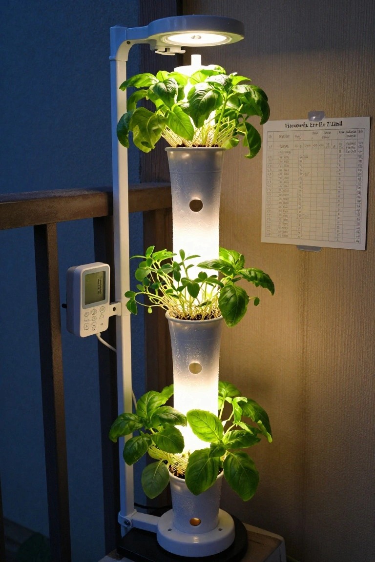 White vertical hydroponic tower with three levels of basil plants under LED grow lights on a balcony railing, next to a digital thermometer and a printed growth tracking chart.
