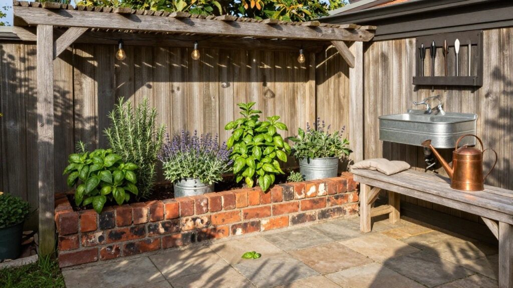 22 Dreamy Herb Garden Design Ideas for a Stylish Backyard A rectangular raised brick bed on a paved patio filled with herbs including rosemary, basil, lavender, and a lemon plant in galvanized buckets, under a wooden pergola with string lights, next to benches and an outdoor sink.