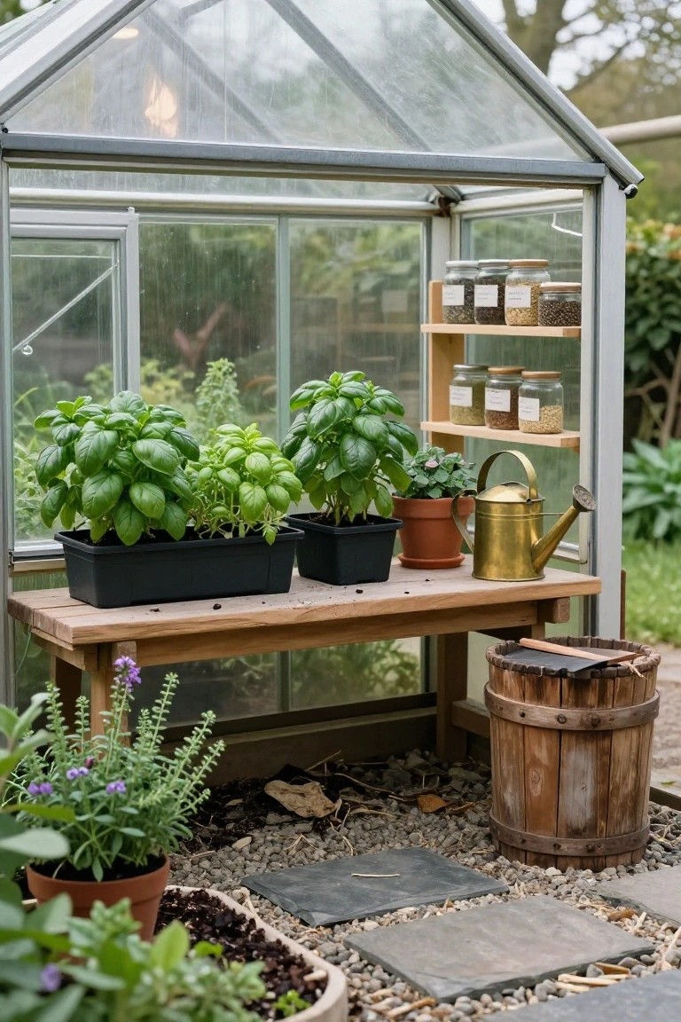 Small glass greenhouse with wooden bench holding black planters of basil plants, shelves stocked with labeled jars of spices and seeds, brass watering can on bench, potted plants and wooden barrel outside on gravel path.